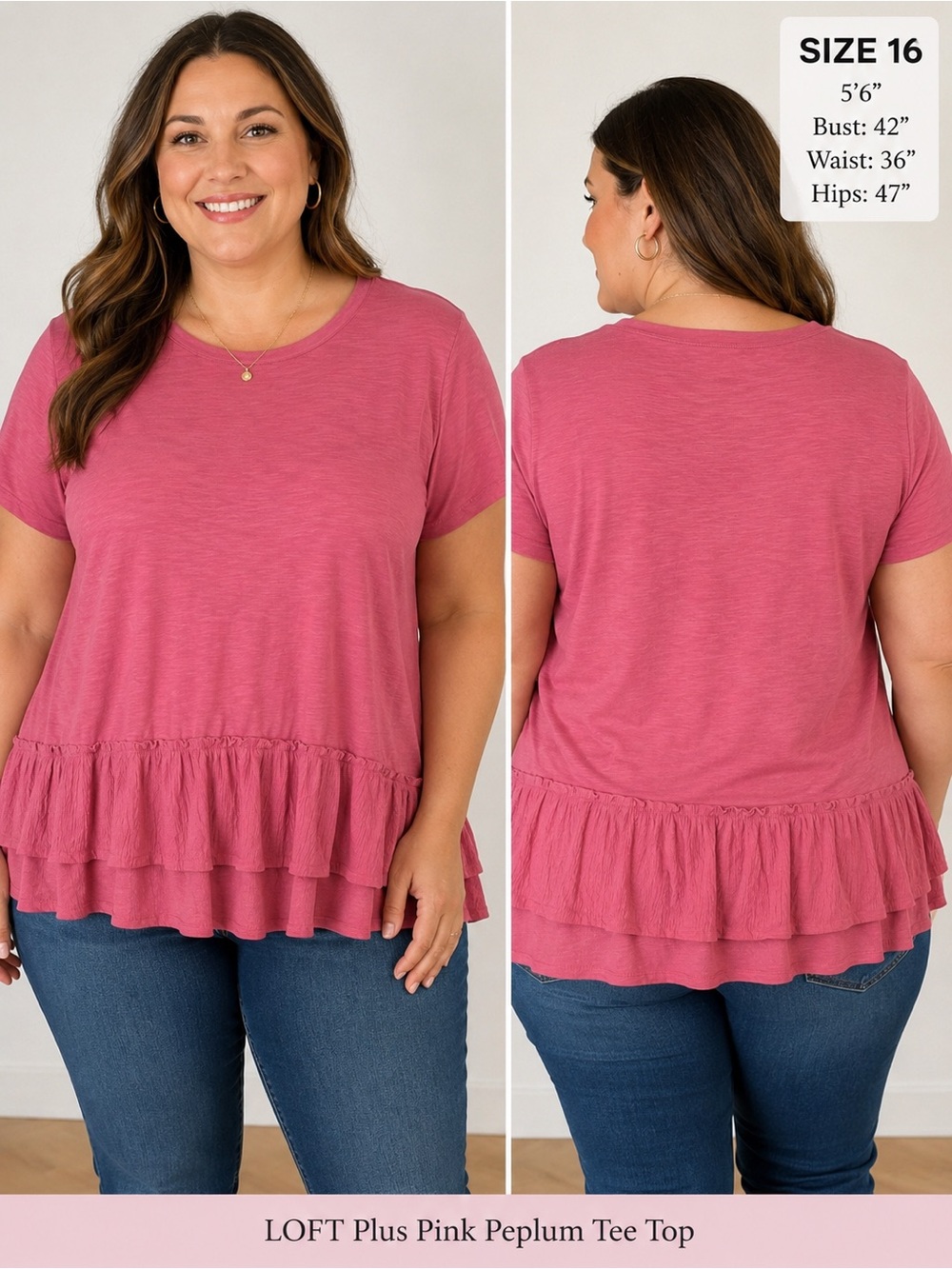 LOFT Plus Pink Peplum Tee Top Size 16/18 Soft Lightweight Ruffle Hem Casual